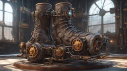 Fantasy complicated machine to make motorized boots, 7-league boot factory, amazing engineering, steampunk, gaspunk, intriguing, amusing, complex, exquisite composition, beautiful detailed octane render, trending on artstation, 8k artistic photography, photorealistic concept art, soft natural volumetric perfect light, chiaroscuro, award-winning photograph, masterpiece, heath robinson, Escher, Disney, Pixar