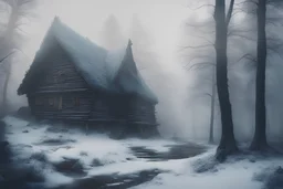 Povoado no meio de uma floresta, casas de madeiras, imagem antiga, cores frias e ar misterioso