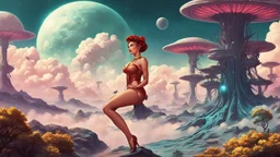 slim Sci-fi pin-up girl on an alien planet of cloud trees