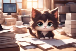 Cute fluffy chibi pixar brunette kitten working very hard at a desk, surrounded by lots of paper, computers and paper boxes, in the sunlight.