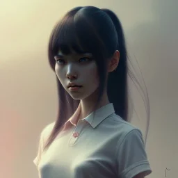 Japanese girl with big brown eyes and long black hair with bangs, cute, beautiful, high quality, insane detail, by Greg Rutkowski, straight bangs, asian, pink shirt