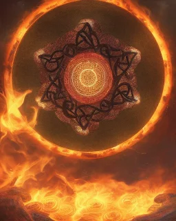 a fiery wheel with 100 eyes floating above the ground, a laser beam pentagram floating above the ground, celtic knot bronze floating, golden ratio, spring time, mushrooms, 8k, flickering light, centered, high-quality, fine-detail, digital art, detailed matte, volumetric lighting, illustration, 3D octane render,psychedelic color, fibonacci, symmetry