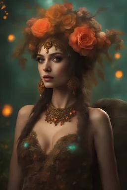 hot worrior woman of flowers , with mixing a elephants style accessories and fashion, belly,ornaments hair,sparkle ,candels,realistic,portrait,nature goddess character concept, big eyes, smoky eye makeup, in the style of surreal beauty, floral scenery, majestic woods, exotic realism, beautiful colorful volumetric lighting, sharp focus, depth of field, masterpiece, octane render, concept art, trending on artstation, trending on CGSociety, 32k