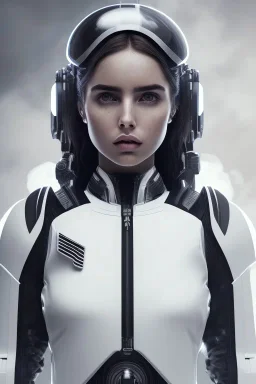 Ana de Armas, Black intergalactic pilot suit, portrait, bright white eyes, wearing high tech pilot breathing mask, beautiful face, white smoke, dark, rage, sorrow, high definition, ultra 8 k, volumetric lighting, blue fire, fog