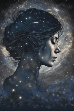 Double exposure of a female person's profile and a utopistic starry night sky, dramatic mood, dark depressive style, highly detailed intricate, surreal, stunning