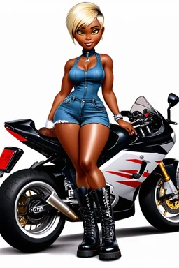 create an airbrush illustration of a chibi cartoon voluptuous black female wearing a blue jean outfit with biker boots. Prominent make up with hazel eyes. Extremely highly detail of a very low platinum blonde pixie haircut. Background of a bike show.