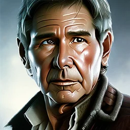 stunning photo realistic detailed head to waist portrait of harrison ford as han solo in star wars with photo realistic short hair by Sergi Cadenas, Sharp focus, brown eyes, weathered skin,space jacket from star wars, cinematic lightning