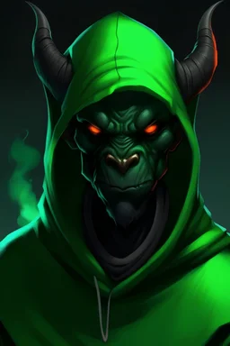 A black humanoid demon wearing a green hood and beanie