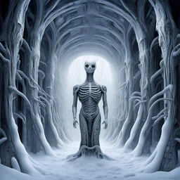 A Gallery of surreal snowman sentinels, Infinity Stretch of sinister snowman lining an alien winter hall, by H.R. Giger, biomechanics, the ice chamber, dark colors, by Dariusz Klimczak, by Dave Kendall, by Joel Perter Witkin, colorful, horror surrealism, weird winter-scape, primary cold colors, smooth