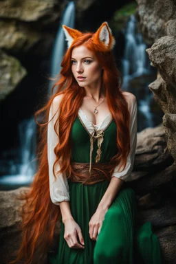 Close UP, delicate, cute, soft, skinny belly red haired Young lady, with freckles, Green eyes and Fox ears, cave waterfall, medieval