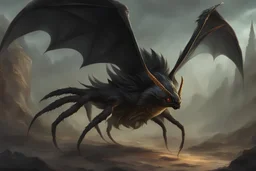 A horrible monstrosity with a human face on its head, huge black wings on its arms, a scorpion like tail, and a large eye on its chest