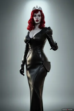 Christina Hendricks as evil queen in black leather gown, feminie, angry, stern look on her face, volouptous, busty, cleavage, emperious, mature, style of frank miller sin city, unreal 5, octane render,cinema4d, dynamic lighting, dramatic lighting, 4k, redshift render, highly detailed, hyper realistic, inside dungeon