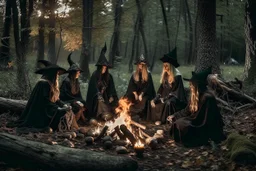 witches around a campfire in the woods