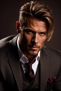 portrait of a 35 year old Handsome, rugged and muscular male leader with lightly tanned skin and tattoos. light brown hair and a goatee beard. wearing an armani three piece suit. photorealistic