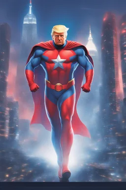 Donald Trump as 'Maga Man,' Extremely Muscular, Skintight, formfitting, red, white-and-blue bodysuit, blue cape, silver boots, Multicolored vortex, neon lit futuristic cityscape, mist, fog, speed, extremely overexaggerated musculature, "MAGA MAN"