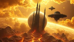 A hyper-detailed digital painting of Venus transformed into a biomechanical machine-world. The planet glows beneath thick golden sulfuric clouds, but the clouds are pierced by vast black metallic lattice towers that rise miles into the atmosphere. The surface is cracked and reshaped into rivers of glowing molten metal, channeled through mechanical conduits. Gigantic floating citadels of black alloy hover above the planet, connected to the ground with glowing energy tethers.