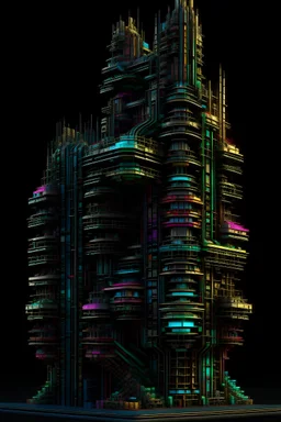 a multicolored skyscraper on a black background, polycount contest winner, generative art, 1 6 6 7. mandelbulb 3 d, 8 k vertical wallpaper, cellular automata, multi-layered artworks, totem 2, 1 2 - bit, hyperrealistic symmetrical 8k, generative designpostprocessed
