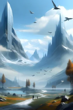 Paisaje futurista, con grandes montañas de cristal, arboles sin hojas y pájaros robóticos, animales sin cabezas