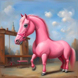 Big pink toy horse.19th painting