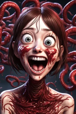 Woman with rare eyes,smiling meanwhile many worms streaming from his mouth, face distorted with pain, screaming, tears streaming, siting pose, fullbody, Junji Ito style, darkred tones,high detailed, 4k resolution, digital paiting, cute, art, no background 3d pixar disney the cinematic FKAA, TXAA, and RTX graphics technology employed for stunning detail.