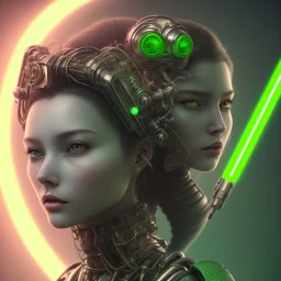 A beautiful portrait of a single minded cute cyberpunk woman, a short wolf haircut lime green color scheme, high key lighting, volumetric light high details with a lizard like alien with feathers and claws, 3/4 torso. Portrait with a light saber and single solid chestplate. Pyramid tattoo on her forehead