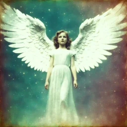 appearing angel [vintage style noisy scratches glitches, Shot the texture and then rewound the film and double exposed from a 1970 B series movie]