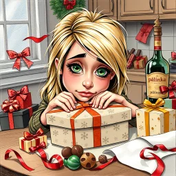 acrylic glossy, Christmas themed, whimsical cute caricature of an tired dark-blonde green eyes woman with messy long hair. she's wrapping a box with Christmas wrapping paper at the kitchen table. head resting on box. around her chocolate boxes, chocolate bar, chocolate balls, brandy bottle with precize text:"pálinka" and presents piled up. ribbons, and wrapping paper on table. funny detailed, stunning illustration