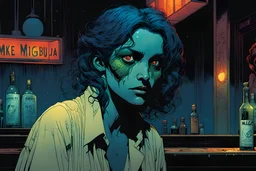 create a hardened, undead girl, finely defined facial features, tending bar in a seedy Soho jazz club, in the comic book art style of Mike Mignola, Bill Sienkiewicz and Jean Giraud Moebius, , highly detailed, grainy, gritty textures, , dramatic natural lighting