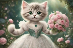 an anthropomorphic, kitten bride happily throwing a bouquet in a beautiful garden. The kitten has fluffy fur in shades of light brown and grey with distinct tabby markings on its face. Its large, expressive eyes are a deep emerald green and it has a small, pink nose. The kitten is wearing embroidered white lace bride dress, tulle, gemstones, pearls, adorning the hem and bodice. Behind her, a celebrating crowd, cats and people dressed in elegant clothes, wedding food and cake on the tables. Behin