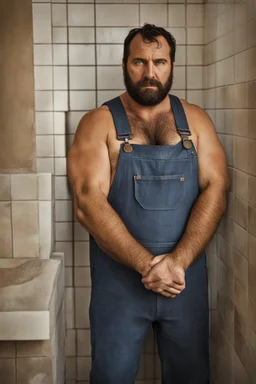 full figure photo, two burly big chubby sicilian plumber, dirty, ripped overalls, 33 years old, crossed arms, shaved, short beard, manly chest, very virile, hairy, manly arms, ugly, big thighs, under the shower, sunlight , photorealistic, 35mm lens, ultra detailed