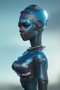 portrait,beautiful african robotic sirene, post-apocalyptic in a cyberpunk city, realistic, intriacte detail, sci-fi fantasy style, volumetric lighting, particales,highly detailed,cinematic, deep blue.