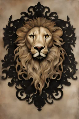 Mixed media painting, Lion's head, with a round black filigree ornament in the corner