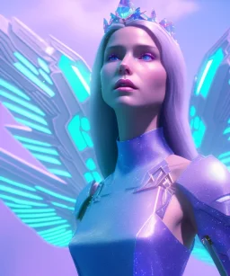 A crystalised queen, atmospheric, realistic, unreal engine, cinematic lighting, octane render. blue, pink, transparency, light, shine,bright, full body, transparent wings, blonde, long hair, nice smile