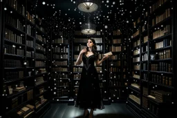 full-height shot of a woman in a tifull-height shot of a woman in a tight black dress, inside a large magic book shop, shelving, lights, books, bottles, windowsght black dress, holding up small glowing symbols, inside a magic book shop