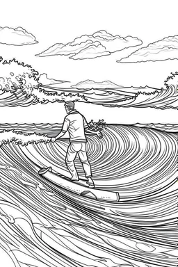 Outline art for coloring page OF A SURFER RIDING A WAVE IN HAWAII LOOKING AWAY FROM US, coloring page, white background, Sketch style, only use outline, clean line art, white background, no shadows, no shading, no color, clear