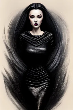 Stunningly gorgeous femme fatale as addams, full body portrait, perfect face, beautiful eyes, black dress, ring light, Black lipstick, hyper realist, hyper detailed, intricated, realistic shading, unreal engine, octane, final fantasy, karol bak, greg rutkowski, rossdraws, artgerm, wlop, vallejo