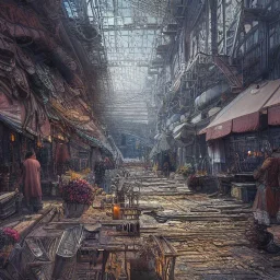 Insanely detailed photograph of an “artitcture plans of a city market at a shipyard” with intricate gears, intricate embroidered band, hyperdetailed painting by Ismail Inceoglu Huang Guangjian and Dan Witz CGSociety ZBrush Central fantasy art album cover art,8K, hdr, romantic, mysterious, ominous, flowers, jewelry, steam,oil,cafe,street vendors,steamship,masts