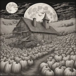 Sinister Jack-o-Lantern cryptids in a herd climbing over rickety barn, nighttime harvest moon, expansive silverpoint illustration surreal horror masterpiece; dramatic; stygian cornfield farm, deep red-black-orange colors.