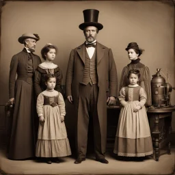 In the sepia tones of a bygone era, a Victorian family stands in solemn attire, their faces reflecting the austere demeanor of the times. At the center, an anachronistic figure, a cylindrical automaton with appendages that seem to mock the conventions of human form, stands in stark contrast to its human counterparts. This tableau challenges the viewer, juxtaposing the rigid human portraits with the whimsical inclusion of a mechanical entity, blurring the lines between history and fantasy.