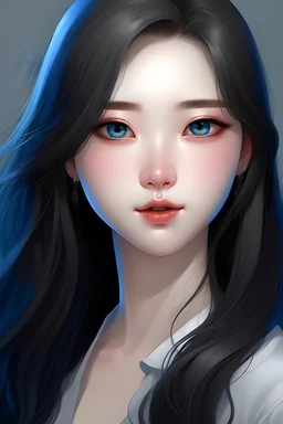 A twenty-year-old girl, with white skin, Big chest , blue Asian eyes, one mole next to her left eye, a button nose, round and full lips, long wavy black hair, and a perfect figure.