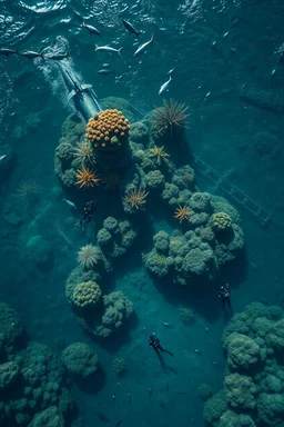A top view of atlantis the lost city under the ocean water with marine plants and a submarine is sinking underwater and small divers are diving around , cinematic scene with fish and sharks around, high quality picture with rough water