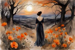 night, orange flowers, one woman, mountains, gothic horror movies influence, dry trees, fantasy, john singer sargent watercolor paintings