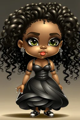 create a digital airbrush image of a chibi curvy black female wearing a black maxi dress and black sandals. Prominent make up with brown eyes. Highly detailed wild tight curly hair.