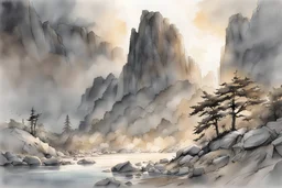 Rock of ages, foundation, A soft-focus image of morning casting a warm glow, created in inkwash and watercolor, art style of Olivier Coipel, HACCAN, illustrator 由良 Yura, 山田章博 Yamada Akihiro, 四々九 Yoshiku, GANMO＃, highly detailed, gritty textures,