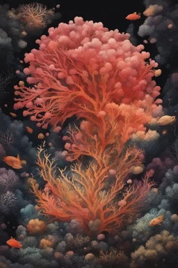 diseased Flora, fauna, and coral at the End of the Multiverse rising from a black liquid surface.