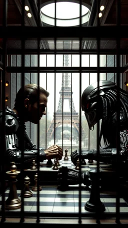 Arnold of the movie the terminator playing chess with the alien predator in a cage in Paris