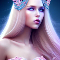 beautiful, soft, smiling,long straight blonde hair blues eyes, crown on the head, clothing in transparent bluish and pink veil, background brillante bluish and pink,