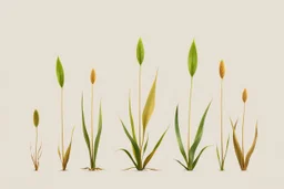 concept art of six low poly stylized alien dry single leaf tall grass on a neutral background. Strange fictional extraterrestrial flora with unusual shapes