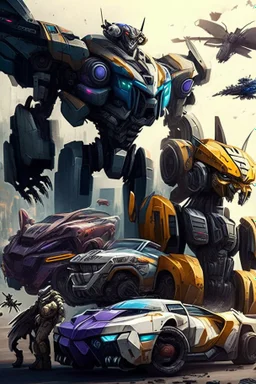 A mix of transformers and jets and cars and humanoid robots