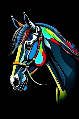 Acrtoon 2d art illustration . Colourful horse wears a black glass